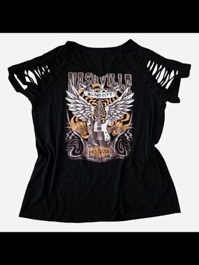Nashville Music City Black Graphic Tee with Distressed Sleeve Detail